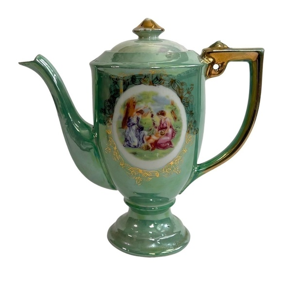 Teapot Japan Iridescent Lustre Ware Portrait Ladies Tea Pot Blue Green Gold - Picture 1 of 9